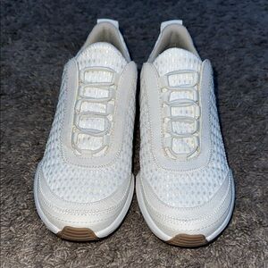 White and Brown Mesh Slip-On Sneakers